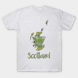 Scotland Green and Yellow Tartan Map Typography Design T-Shirt